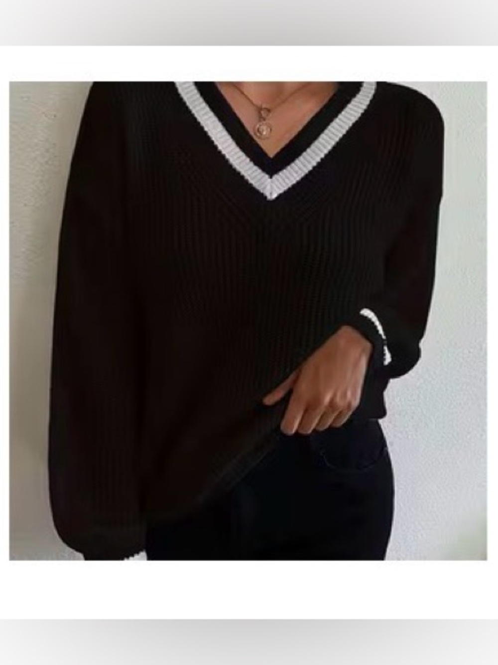 Women’s Black V-Neck Sweater with White Trim